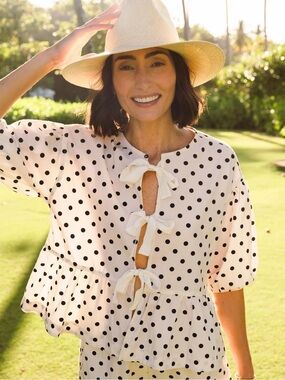 La Maregold The Brigitte Tie Front Puff Sleeve Blouse Midnight Polka Dot Print